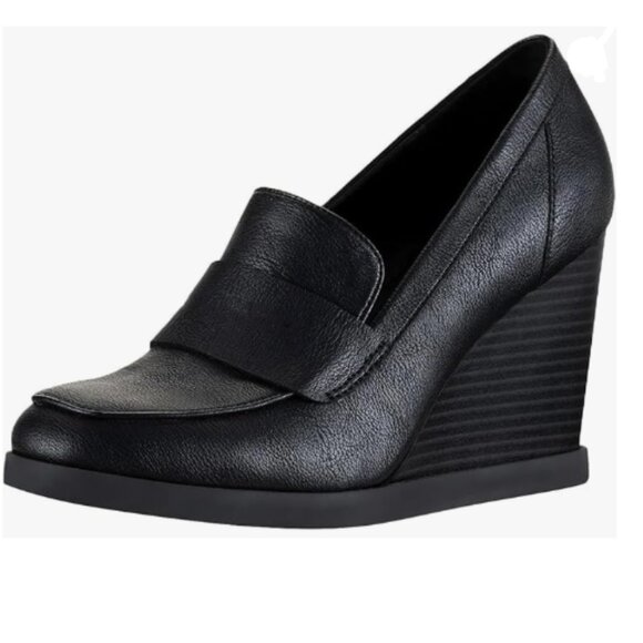 YDN Shoes - YDN Black Dressy Strappy Pumps Square Closed Toe Slip On Wedge High Heel Loafers